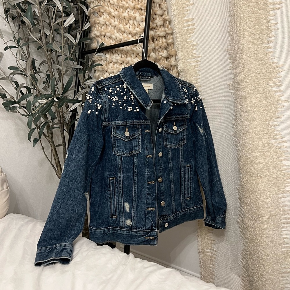 Anthropologie pearl embellished denim jacket